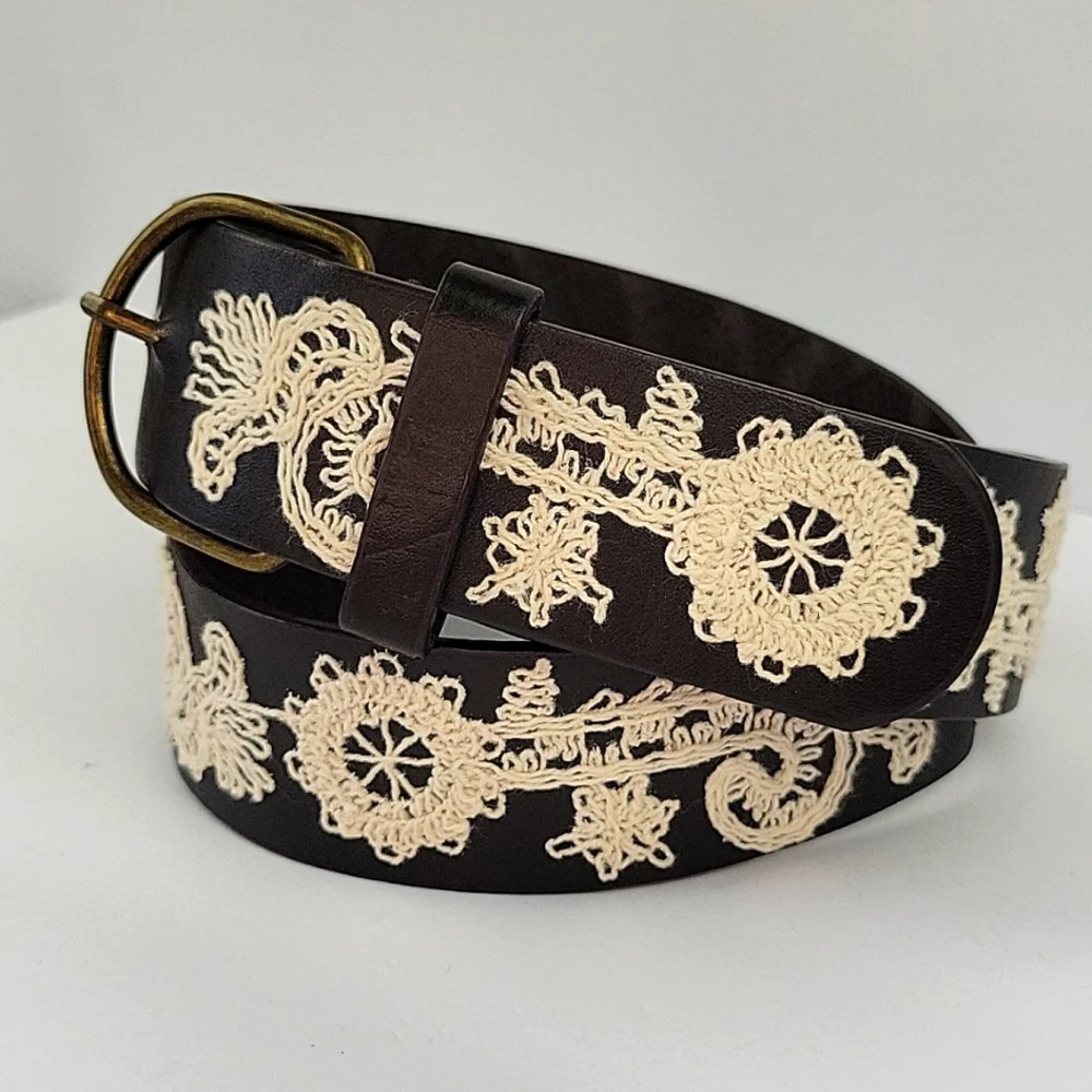 Boho Chic Crochet Embroidered Belt Black Size 32 - Picture 2 of 10